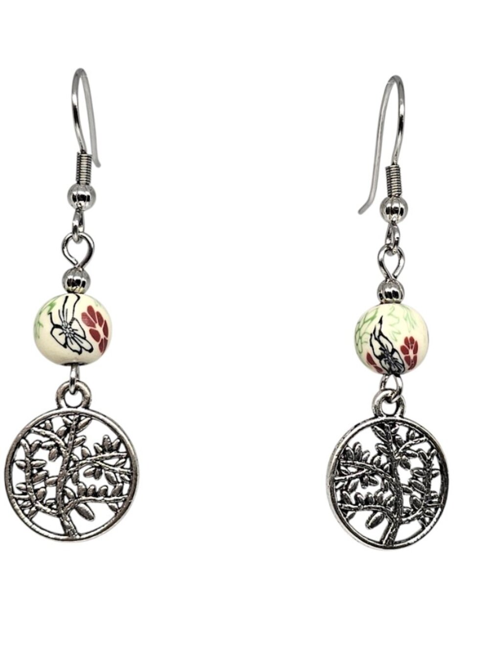 Handmade Porcelain Floral Beads Silver Floral Dangle Boho Earrings